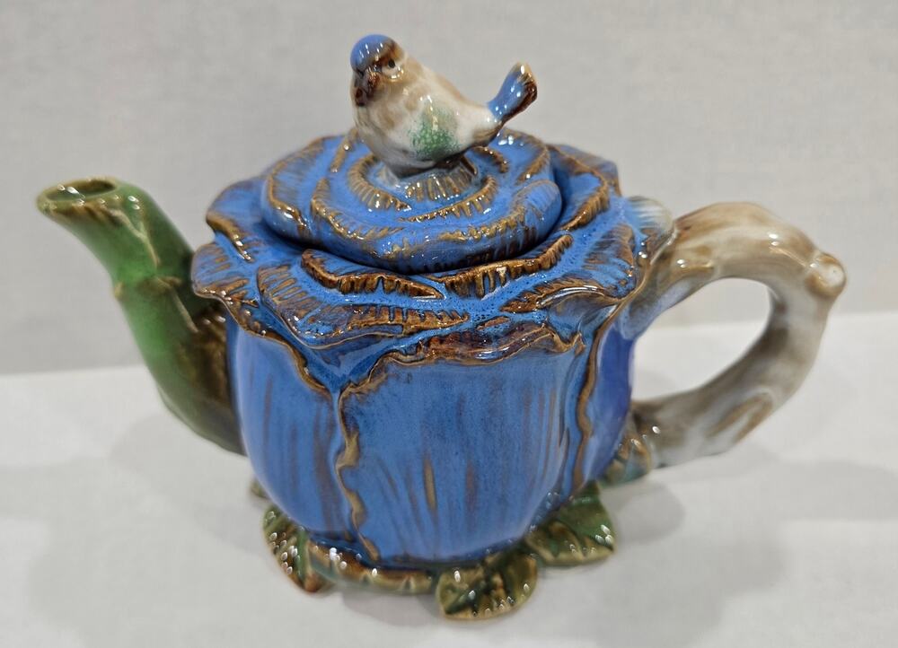 Majolica Style Cabbage Rose Bluebird Finial Ceramic Teapot Floral Decor